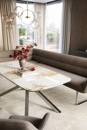 Banc-de-salle-à-mangerTaya-Flex 285x190 cm tissu structuré doux taupe châssis à patins plat acier inoxydable ressort ensaché à droite Promotion Saisonnière