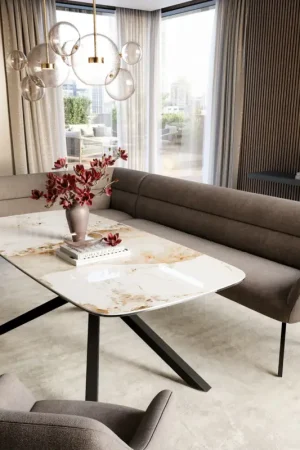 Banc-de-salle-à-mangerTaya-Flex 285x190 cm tissu structuré doux taupe pied croisé angulaire noir ressort ensaché à droite Authentique