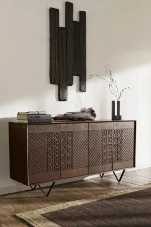 Petit Prix BuffetManjula 145 cm Manguier marron 4 portes Pied en V métal noir