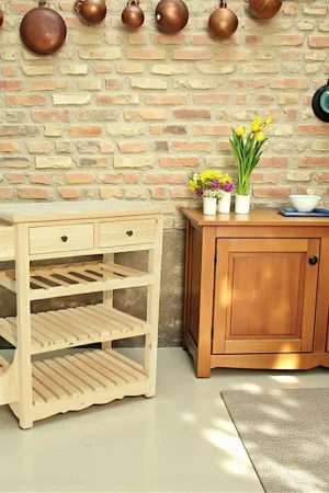 Desserte de cuisine Hévéa 2 tiroirs, 2 étagères, 1 rack à bouteilles, 1 rangement latéral 70x45x84cm TRADITION Expédié Aujourd'hui