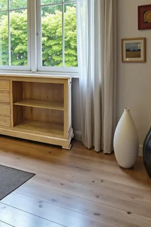 Soldes Meuble TV / Buffet / Bibliothèque basse Hévéa 4 tiroirs, 2 niches 120x35x80cm TRADITION