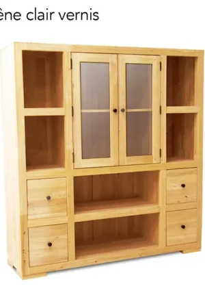 Commander Maintenant Bibliothèque / Vaisselier Hévéa 2 portes vitrées et bois, 2 tiroirs, 6 niches 130x40x140cm OLGA