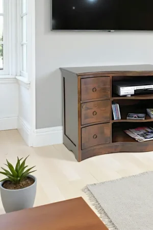 Achat Immédiat Meuble TV vague hévéa 3 tiroirs 3 niches 90cm TRADITION
