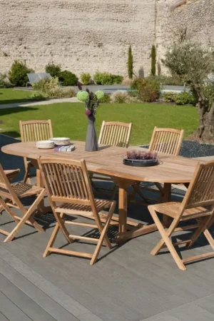 Authentique Salon de jardin en Teck table ovale 200/300cm 8 chaises SUMMER