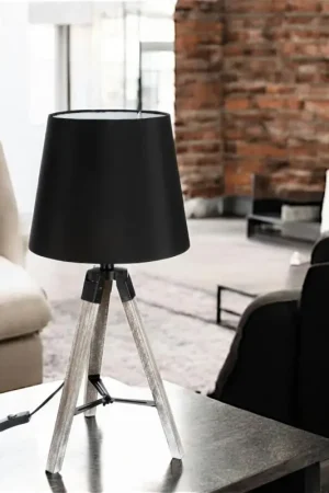 Authentique Lampe en bois grisé forme trépied et abat-jour coton noir D28xH58cm