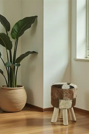 Pouf bois de teck peau LAMPANG Commande En Gros