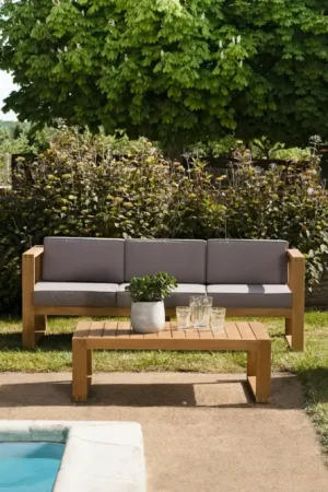 Prix Réduit Salon de jardin en teck BERGEN (1 canapé 3 places, 2 fauteuils, 1 table basse)