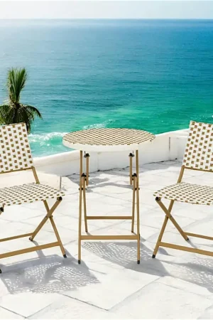 Commander Vite Salon de jardin table ronde + 2 chaises résine blanche tressée motifs beiges BISTROT