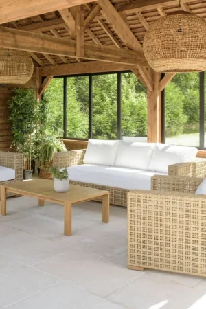 Quantité Limitée Salon de jardin tressage synthétique coussins blancs SUMMER