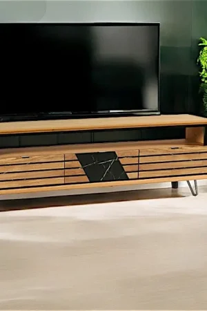 Offre Exclusive Meuble tv design en bois de chêne finition miel, 3 tiroirs ESSEN
