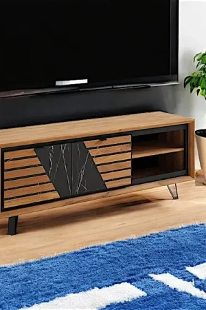 Meuble tv design en bois de chêne finition miel, 2 portes ESSEN Vente Directe