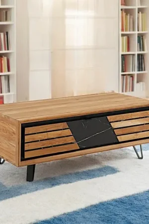 Table basse design en bois de chêne finition miel, 1 tiroir ESSEN Prix Promo