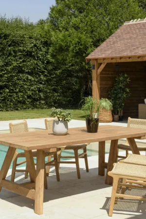 Table de jardin pieds tréteaux teck recyclé naturel 220 cm MANY Acheter Direct