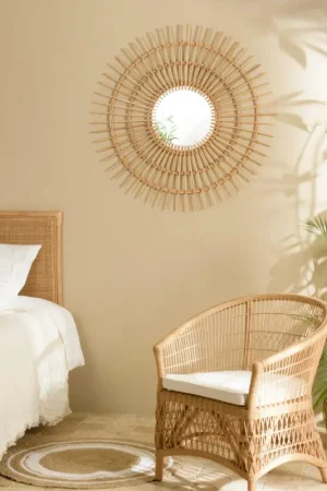 Miroir rond 100 cm en rotin miel MANY Prix Promo