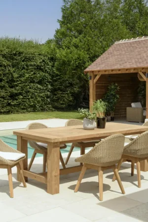Salon de jardin teck naturel 1 table pieds droits 220 cm + 6 chaises arrondies résine tressée MANY Satisfait Ou Remboursé