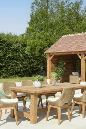 Salon de jardin teck naturel 1 table pieds droits 220 cm + 6 chaises résine tressée MANY Bon Plan