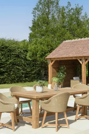 Salon de jardin teck naturel 1 table pieds droits 220 cm + 6 fauteuils arrondis résine tressée MANY Livraison Express