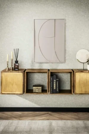 Meuble de rangement mural en bois de manguier finition cuivrée, 4 cubes (2 niches ouvertes, 2 niches fermées) VARA Prix Promo