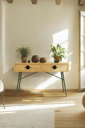 Console bois clair et pieds métal vert BAGAN Certifié