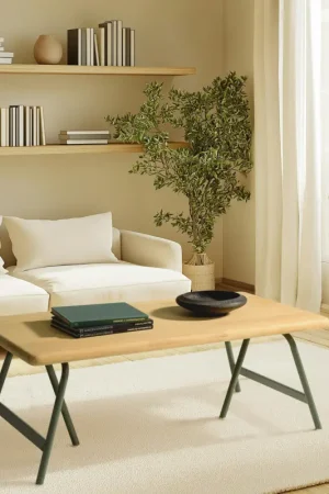 Authentique Table basse pieds tréteaux métal vert et pin BAGAN