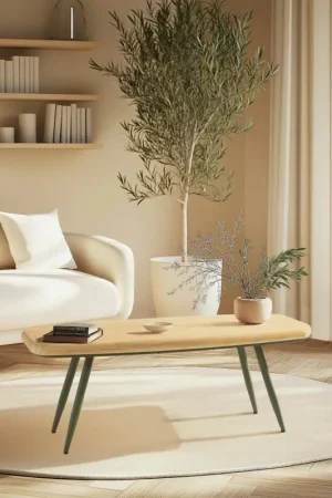 Table basse bords arrondis pin et métal vert 100 cm BAGAN Achetez Aujourd'hui
