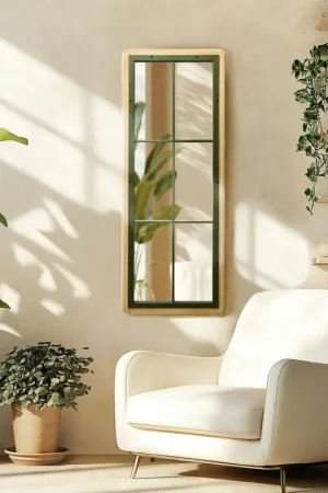 Miroir fenêtre pin et métal vert BAGAN Certifié