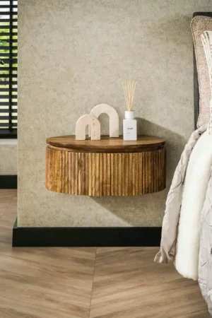 Vente Flash Table de nuit murale en bois de manguier rainuré, forme ronde DELHI