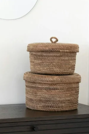 Offre Spéciale Petit panier de rangement rond en feuille de bananier avec couvercle (lot de 2)