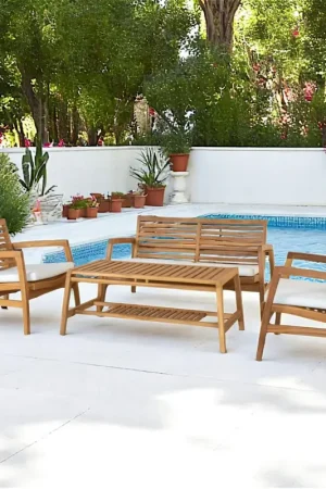 Petit Prix Salon de jardin en teck (1 canapé, 2 fauteuils, 1 table basse) MENDOZA