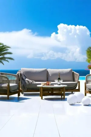 Promotion Saisonnière Salon de jardin en bois d'acacia et corde (1 canapé, 2 fauteuils, 1 table basse ronde) MENDOZA