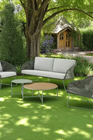 Salon de jardin 4 places avec tables basses, couleur verte MENDOZA Authentique
