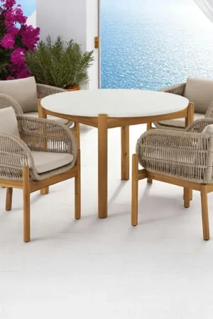Commande En Gros Salon de jardin en bois d'acacia et corde tressée (1 table de jardin ø120 cm et 4 sièges) MENDOZA