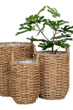 Cache-pot en jonc de mer avec anses (lot de 3) Vente Flash