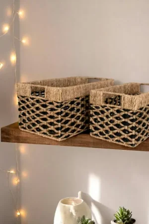Panier de rangement déco en jonc de mer noir et naturel (lot de 2) Meilleure Vente