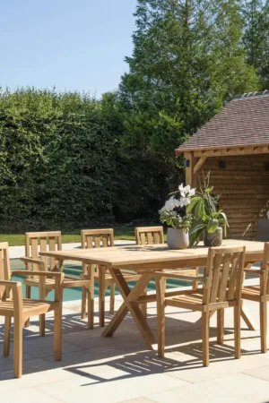 Dernière Chance Salon de jardin teck brut table pieds en croix 180/240 + 6 fauteuils SUMMER