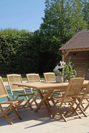 Prix Choc Salon de jardin teck brut table pieds en croix 180/240 + 6 chaises bord arrondi SUMMER