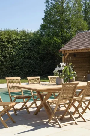 Produit De Marque Salon de jardin teck brut table pieds en croix 180/240 + 6 chaises bord droit SUMMER