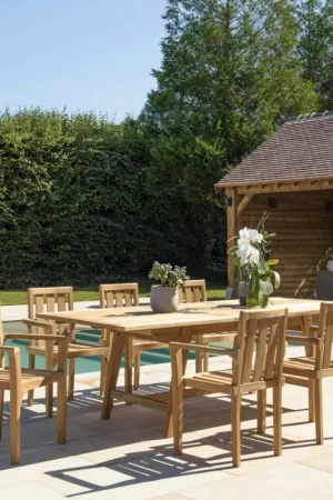 Salon de jardin teck brut table pieds tréteaux 180/240 + 6 fauteuils SUMMER Achat Immédiat