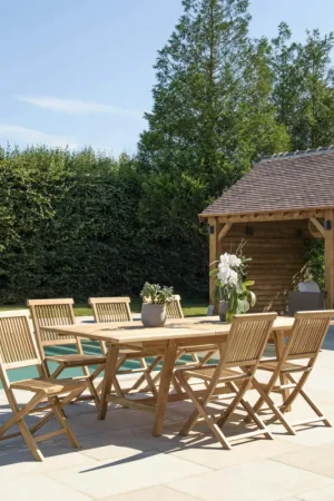 Salon de jardin teck brut table pieds tréteaux 180/240 + 6 chaises bord droit SUMMER Prix Cassé
