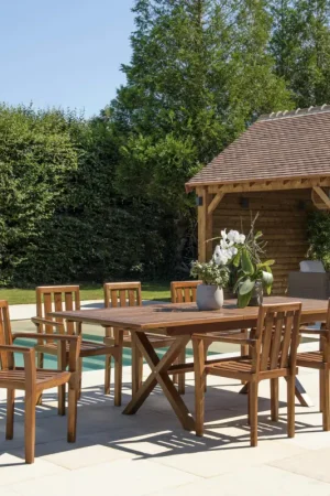 Nouvel Arrivage Salon de jardin teck huilé table pieds en croix 180/240 + 6 fauteuils MACAO