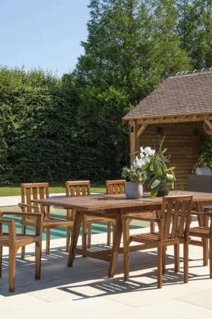 Salon de jardin teck huilé table pieds tréteaux 180/240 + 6 fauteuils MACAO Haute Qualité