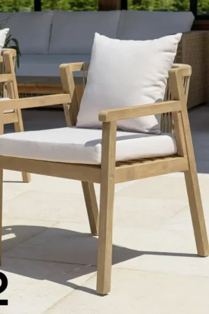 Fauteuil de jardin acacia naturel dossier tressé et coussins (lot de 2) BAHIA Affaire À Saisir