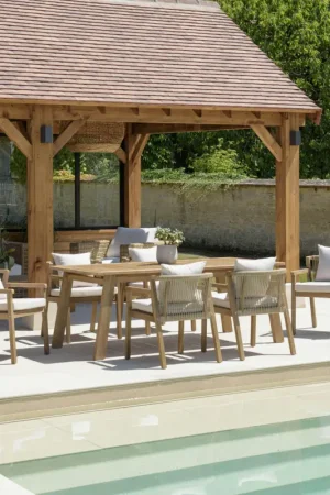 Jusqu'à Épuisement Des Stocks Salon de jardin table acacia et 6 fauteuils cordage beige avec coussins BAHIA