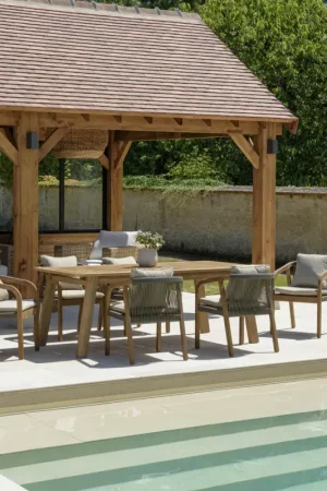 Salon de jardin table acacia et 6 fauteuils cordage vert avec coussins BAHIA Seulement Aujourd'hui
