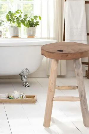 Vente Directe Tabouret rond en bois de teck avec 4 pieds - style campagne ARIZONA