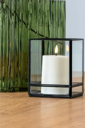 Dernier Modèle Lanterne photophore verre et métal noir - style minimaliste, forme cube