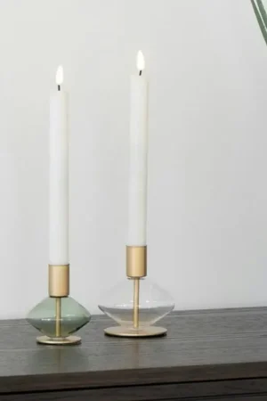 Livraison Express Bougeoir en verre et métal doré (lot de 2) - design arrondi, transparent/vert