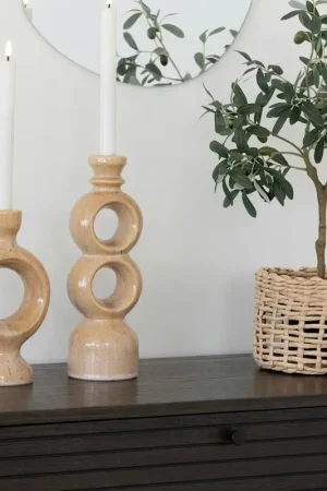 Bougeoir déco en céramique - 2 anneaux, finition beige brun Paiement Sécurisé