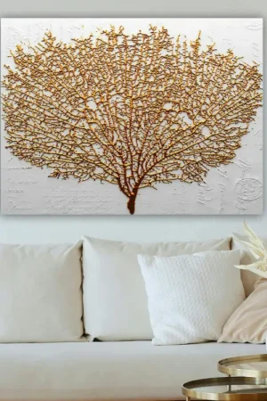 Nouveauté Tableau décoratif blanc et or – arbre texturé