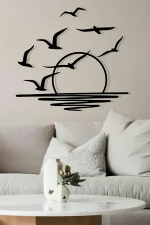Commander Vite Décoration murale métal noir – coucher de soleil et oiseaux